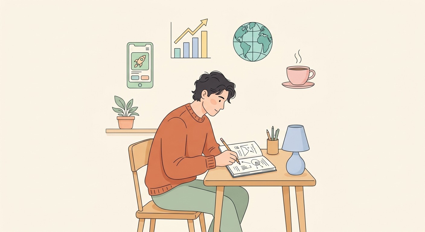 Solo founder mapping out the best business to start in 2026 at a desk with floating icons of a mobile app, growth chart, and globe