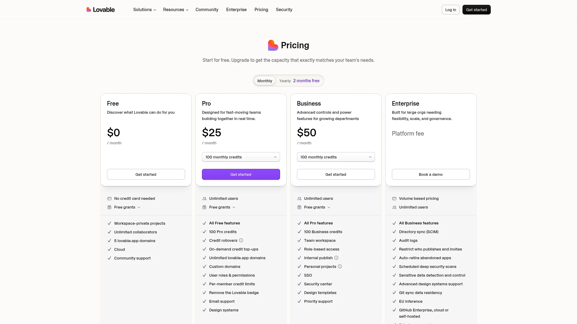 Lovable pricing page showing the Free, Pro, Business and Enterprise plans