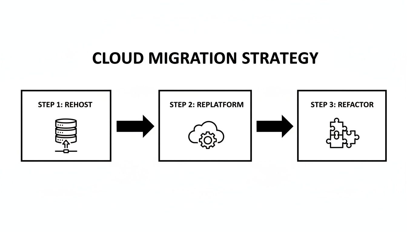 Diagram showing a cloud migration strategy with three steps: Rehost, Replatform, and Refactor.