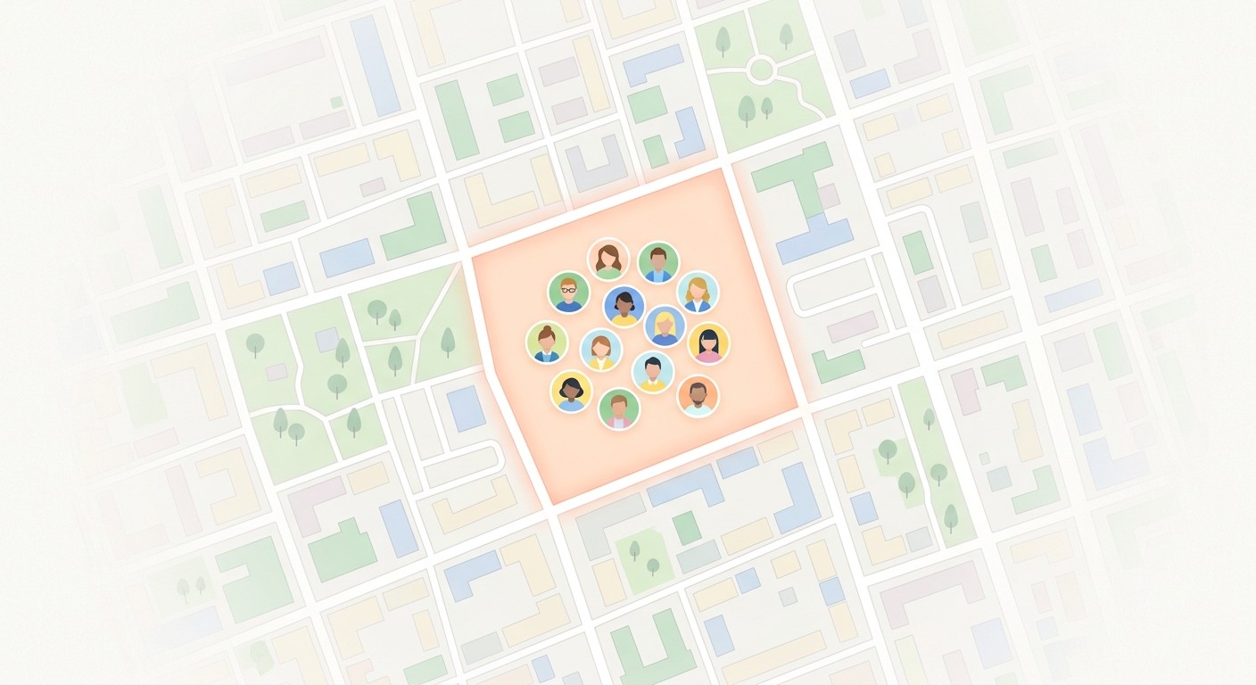 Map illustration of dating app members clustered in one launch neighborhood
