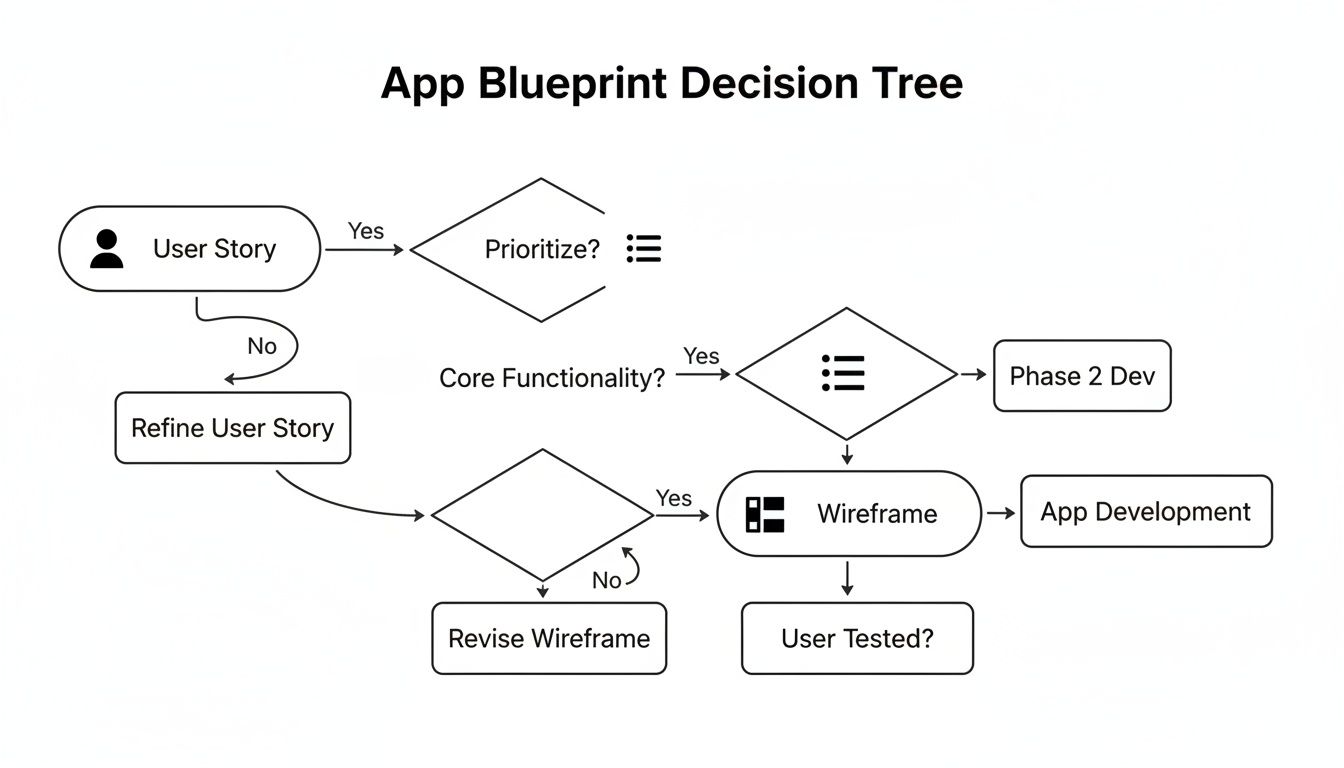 Flowchart illustrating the app blueprint decision tree, guiding through user stories to a development path.
