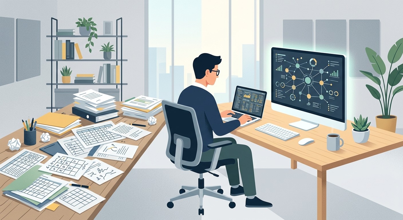 Illustration of a person at a desk transitioning from messy spreadsheets to an organized database system.