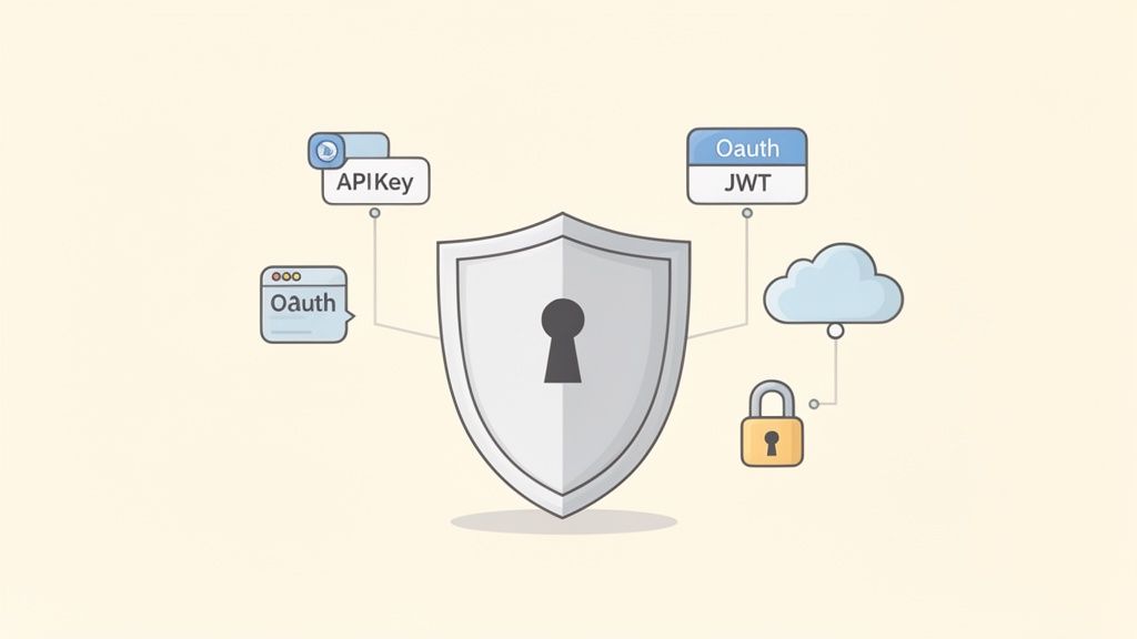 A shield with a keyhole at its center, surrounded by API Key, OAuth, JWT icons, a cloud, and a padlock, illustrating API security concepts.
