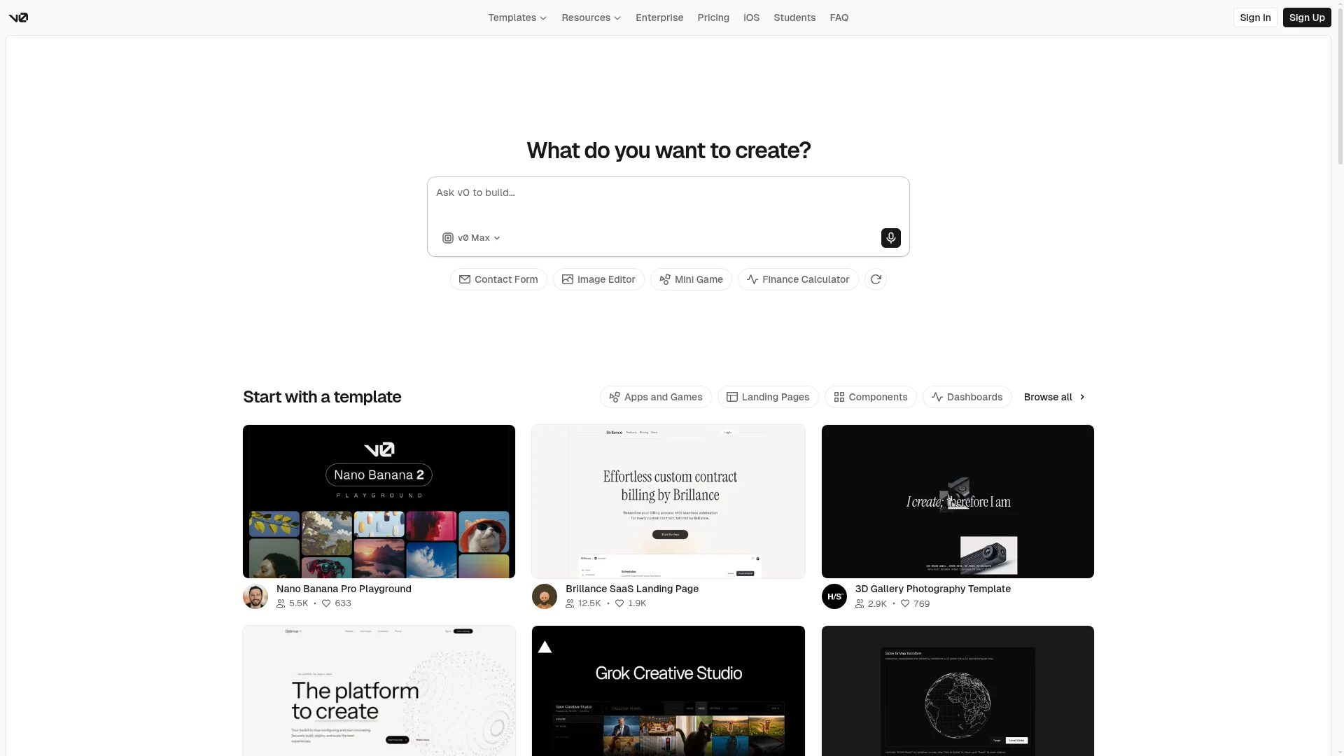 v0.app homepage showing AI-generated Next.js web applications