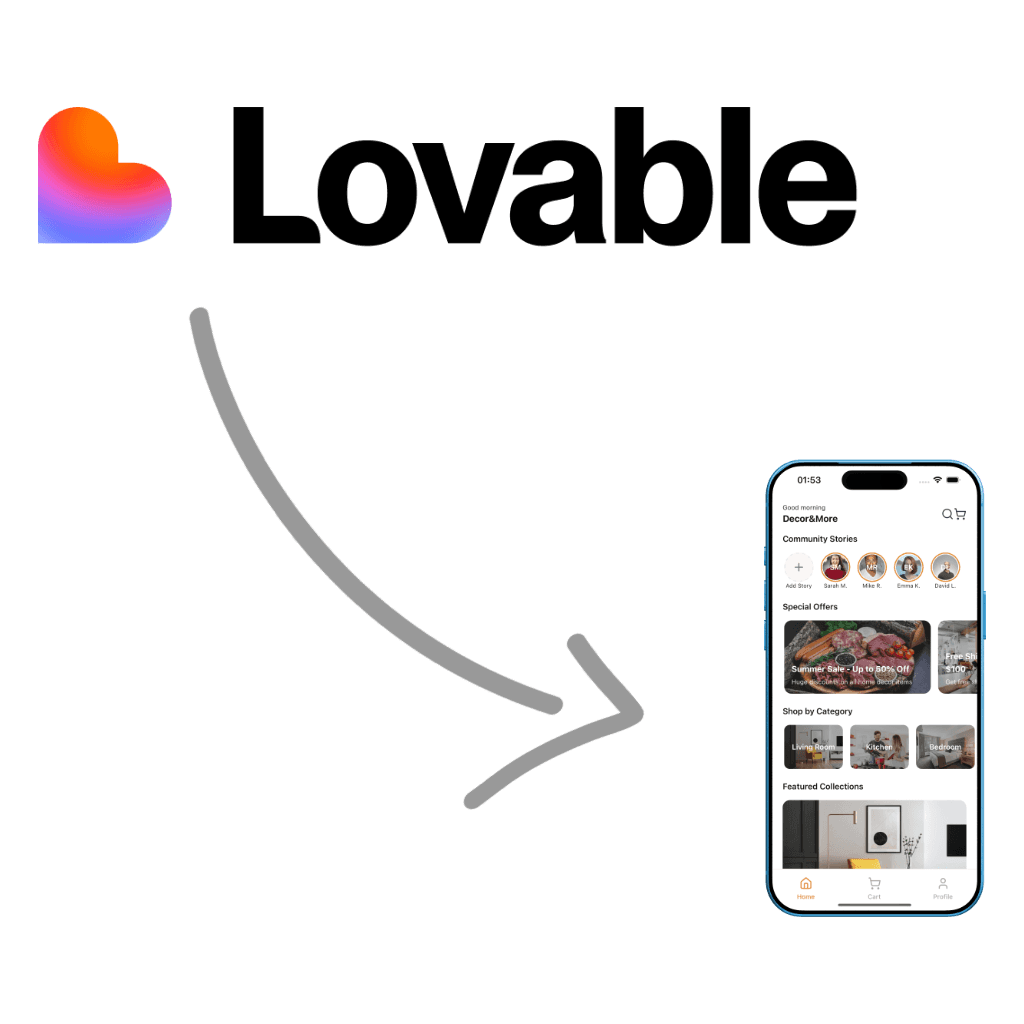 Lovable logo with an arrow ponting towards an iPhone running a shopping app