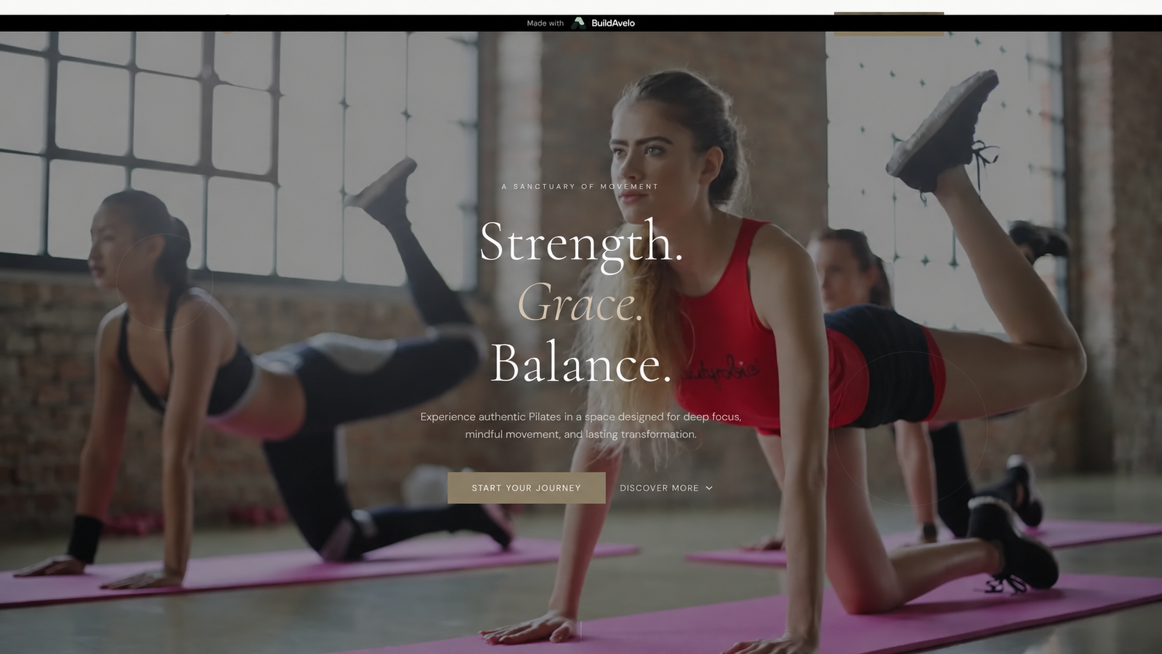 Serene Pilates studio website built with BuildAvelo, showing a video hero with the Strength Grace Balance headline