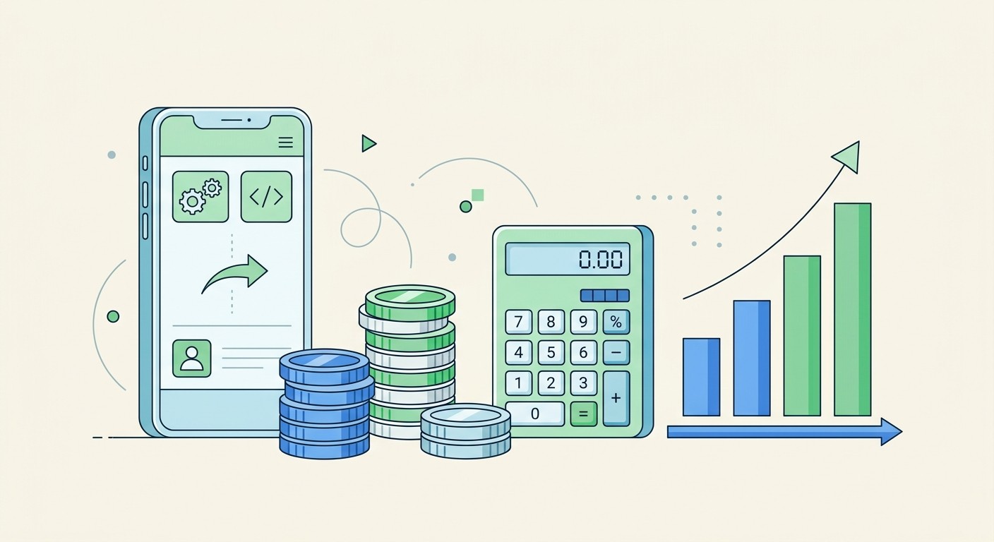 Illustration of mobile app development cost with coins, a calculator, and a rising chart.
