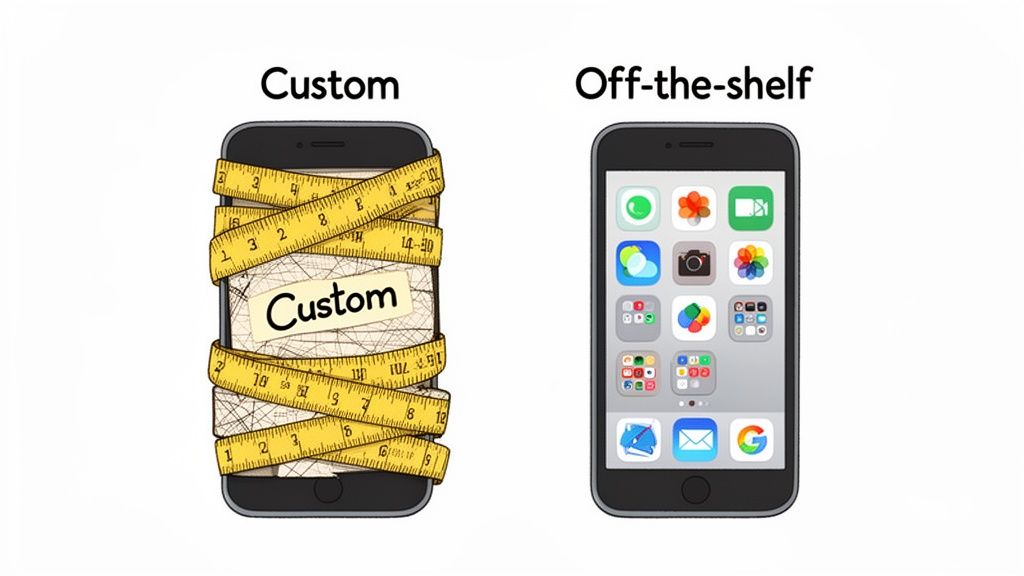 Two smartphones illustrating custom mobile app development versus off-the-shelf apps.