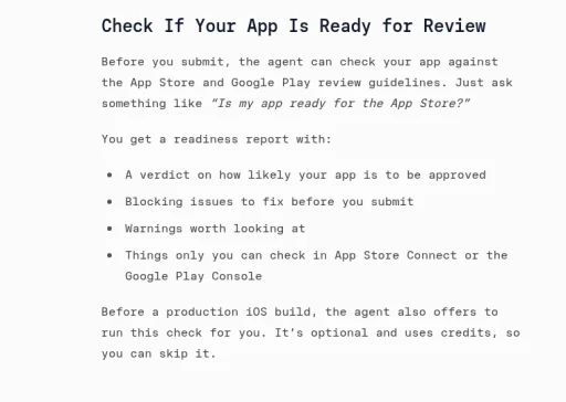 BuildAvelo docs page on deployment, with the check for App Store and Google Play readiness