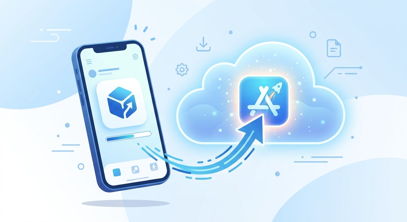 A flat illustration of a mobile app being uploaded to a cloud app store platform.