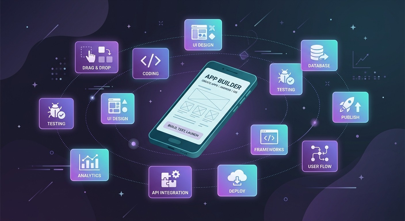 AI app builder features around an Android phone: design, code, testing, database and publishing