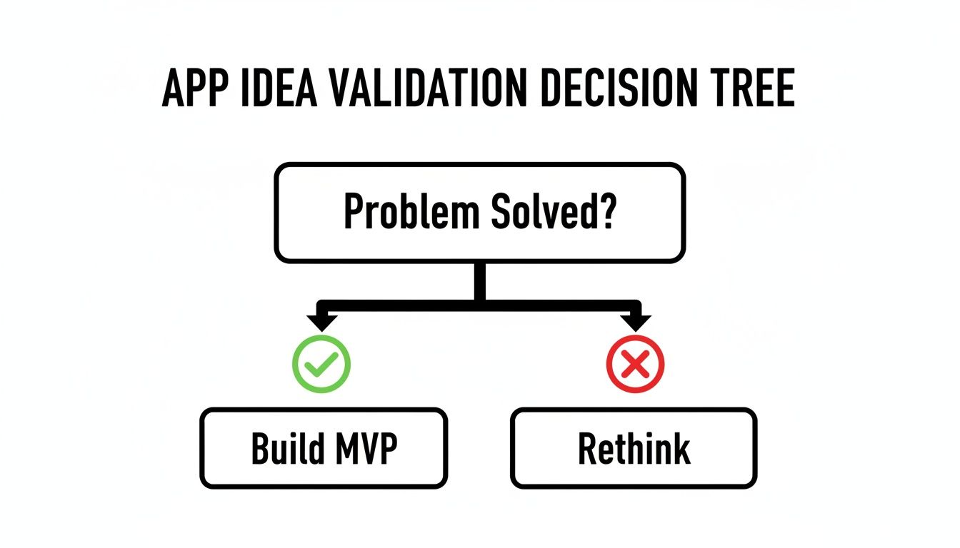 App idea validation decision tree: Problem Solved? Yes leads to Build MVP, No leads to Rethink.