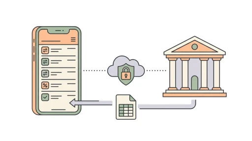 Illustration of two ways to get bank data into a budget app: a secure server that talks to the bank, or a CSV export file