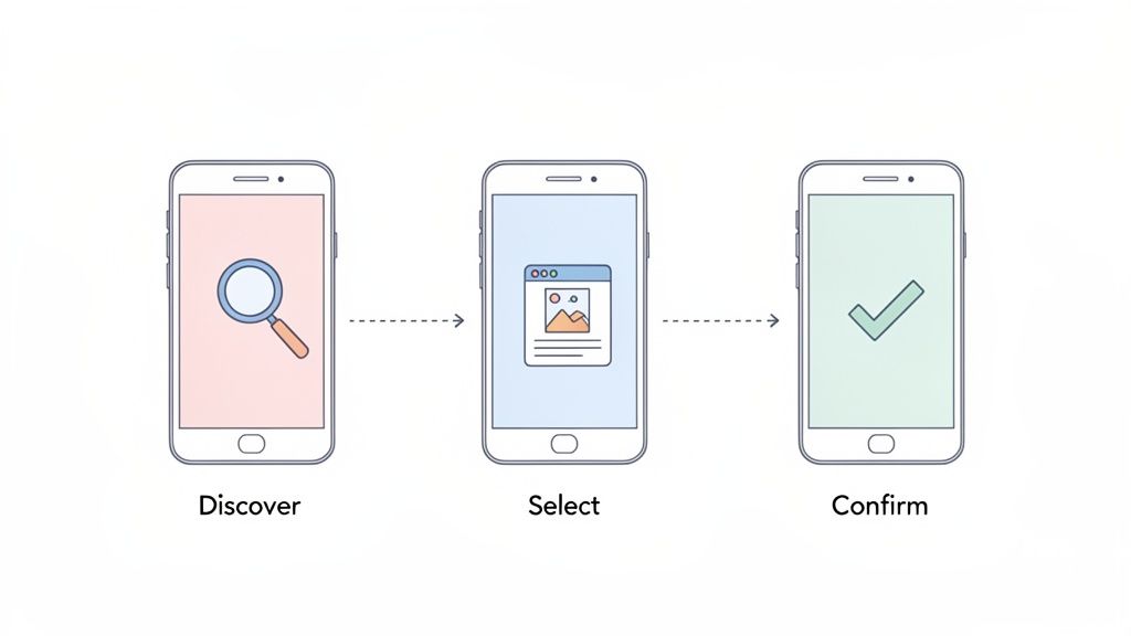 Wireframe-style guide showing app UX steps to discover, select, and confirm an action.