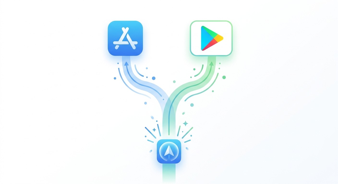 Illustration of one mobile app publishing to both the Apple App Store and Google Play