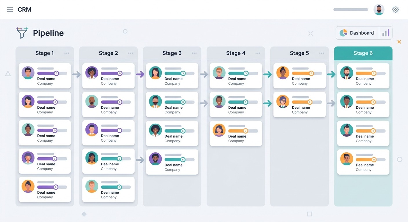 A visual sales pipeline in a CRM app with deal cards moving through stages