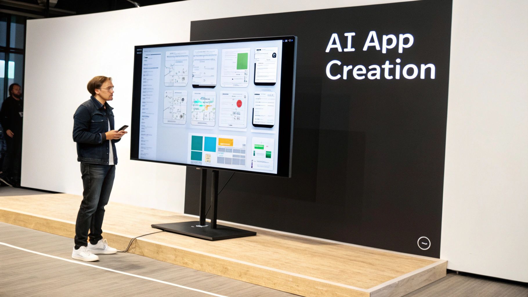 A person watching an AI-powered app development platform generate UI components on a large screen.