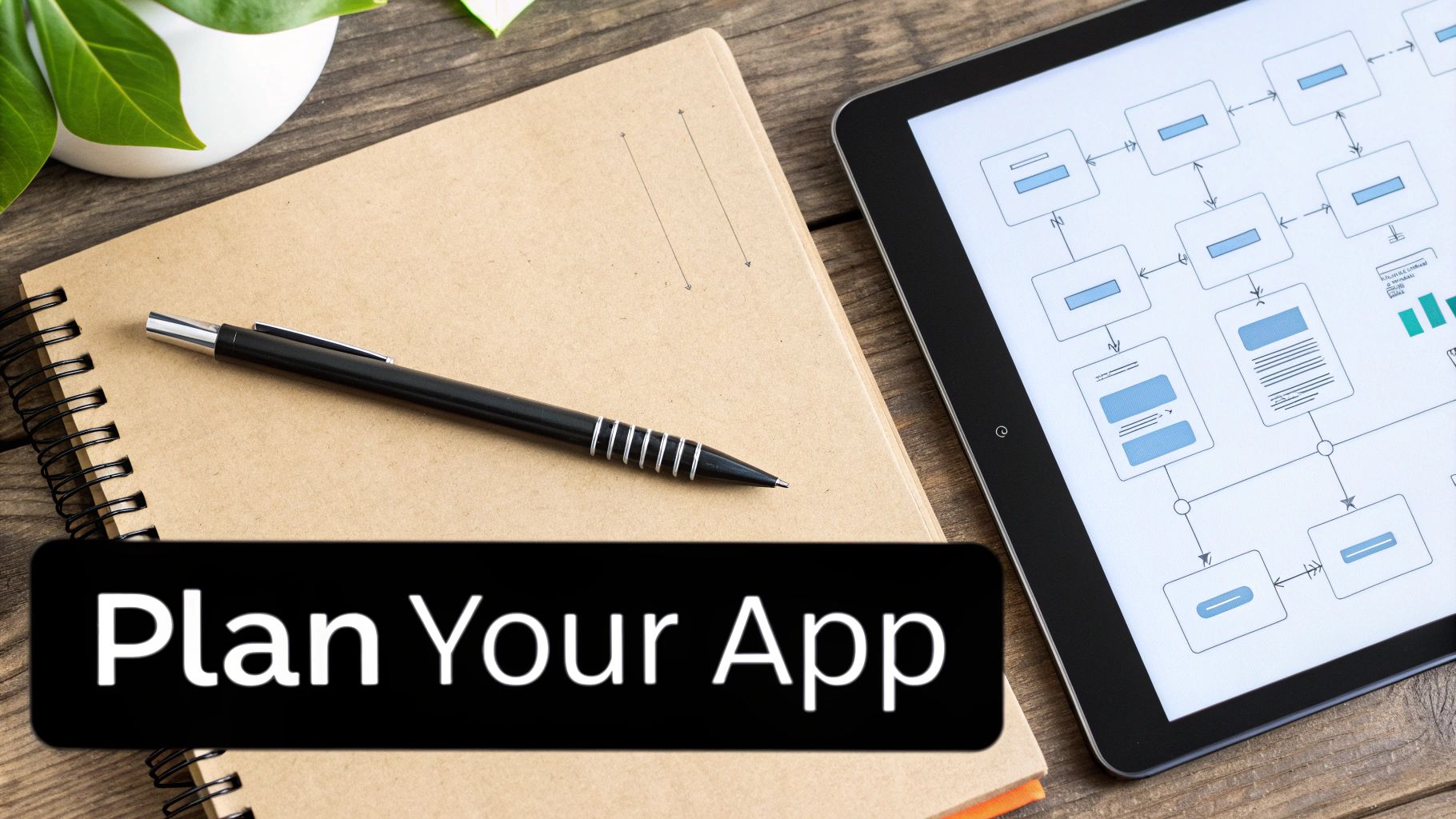 A desk with a notebook of app wireframes, a tablet, and a cup of coffee, showing early-stage planning before building an app without code.