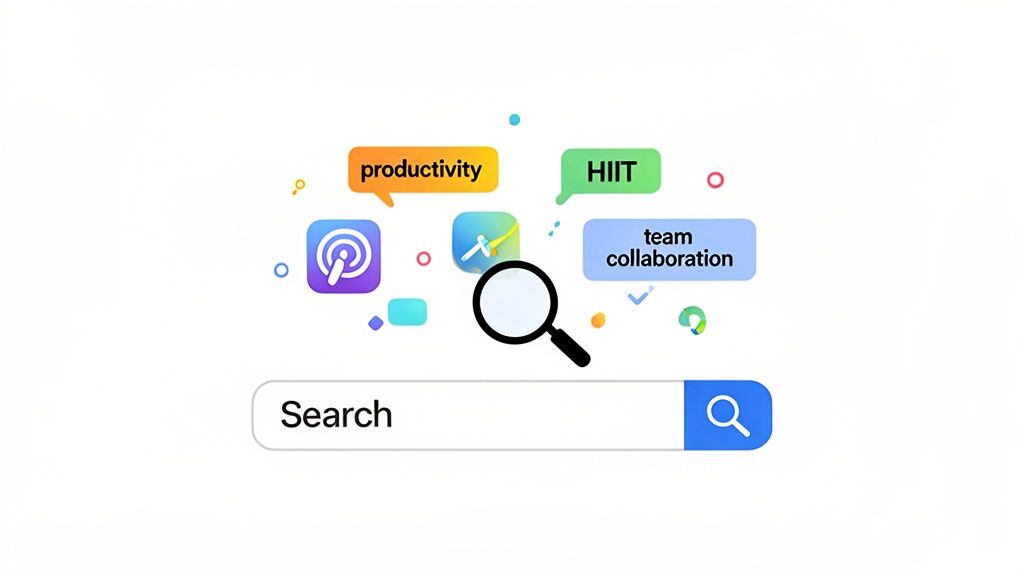 App store optimization tips in practice: a search interface showing keyword results and app icons