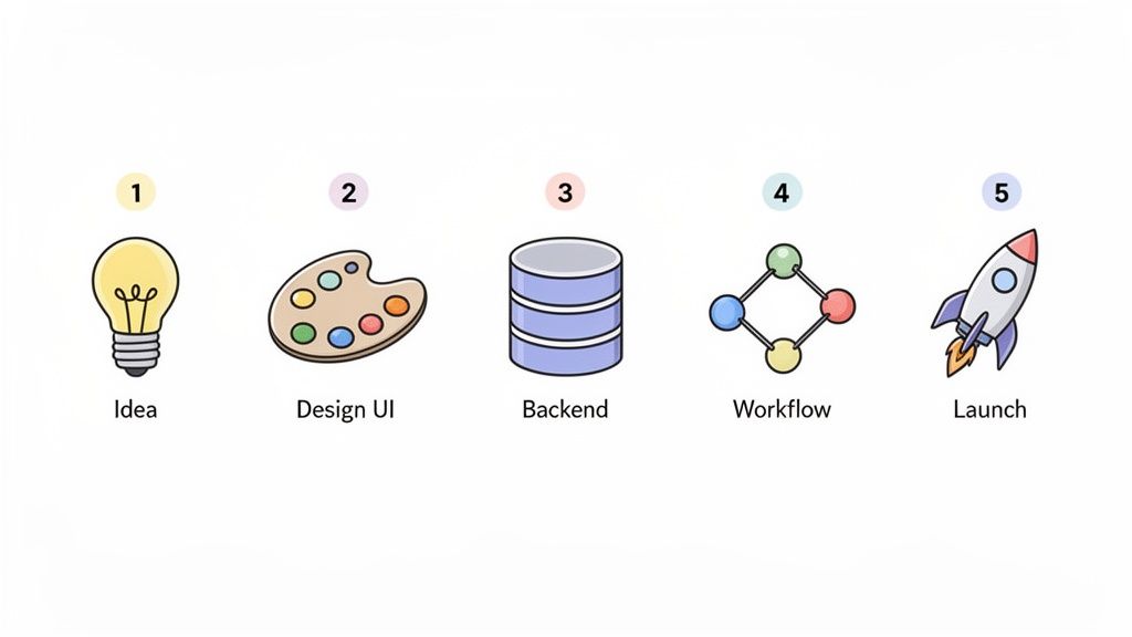 Diagram illustrating the five key stages of no-code application development: Idea, Design UI, Backend, Workflow, and Launch.