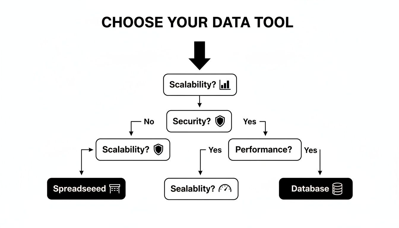 A flowchart for choosing a data tool based on scalability, security, and performance, leading to spreadsheet or database.
