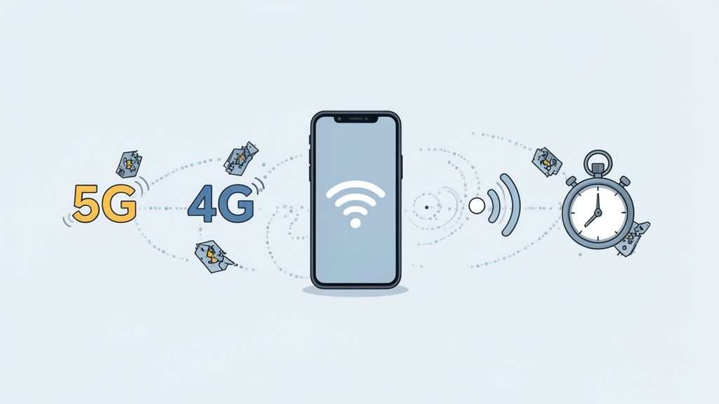 Illustration of a phone switching between 5G, 4G, and Wi-Fi, with broken data packets and a stopwatch showing slow responses