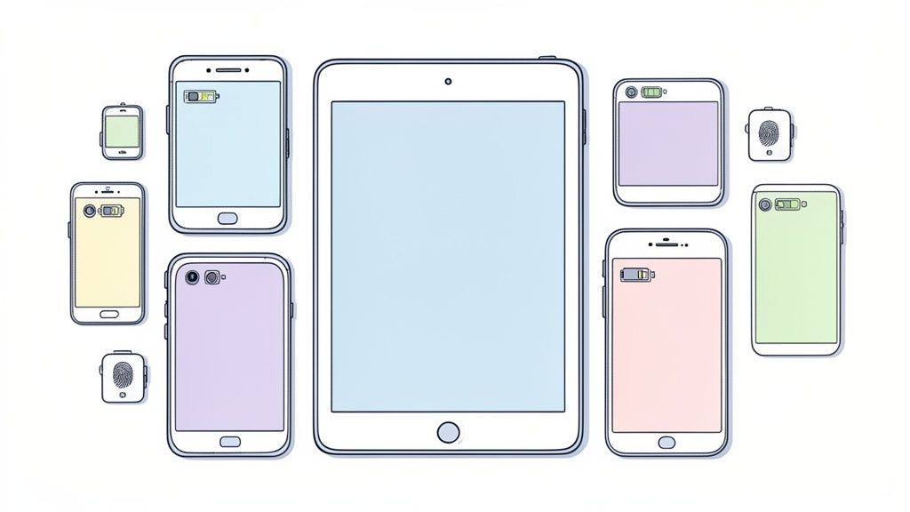 Illustration of various mobile devices including smartphones, a tablet, and smartwatches on a white background.