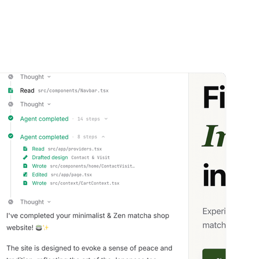 BuildAvelo agent activity log showing completed steps building a minimalist Zen matcha shop website, with file reads, edits, and a preview of the generated landing page on the right