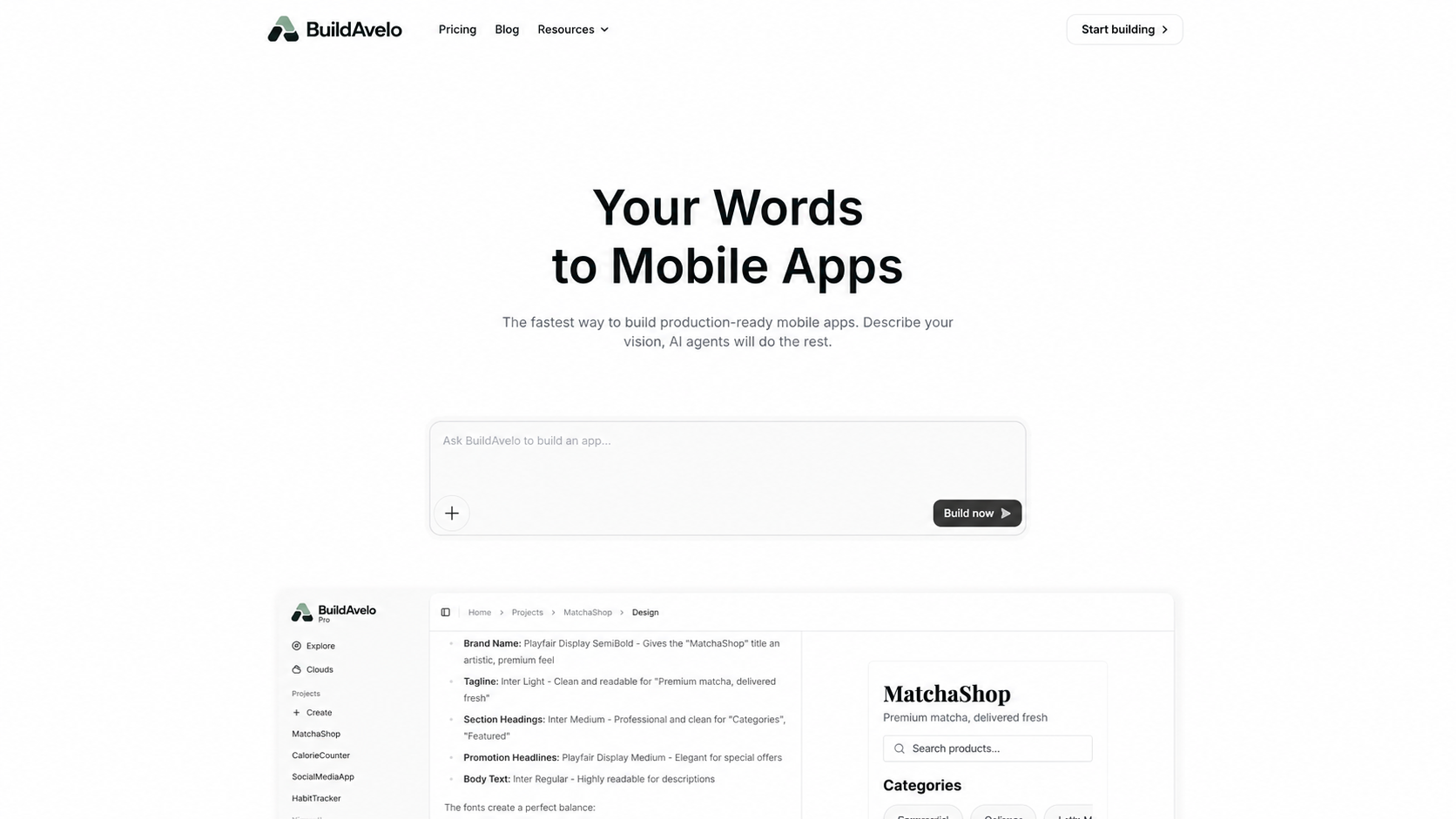 BuildAvelo AI mobile app builder homepage showing prompt-to-app workflow