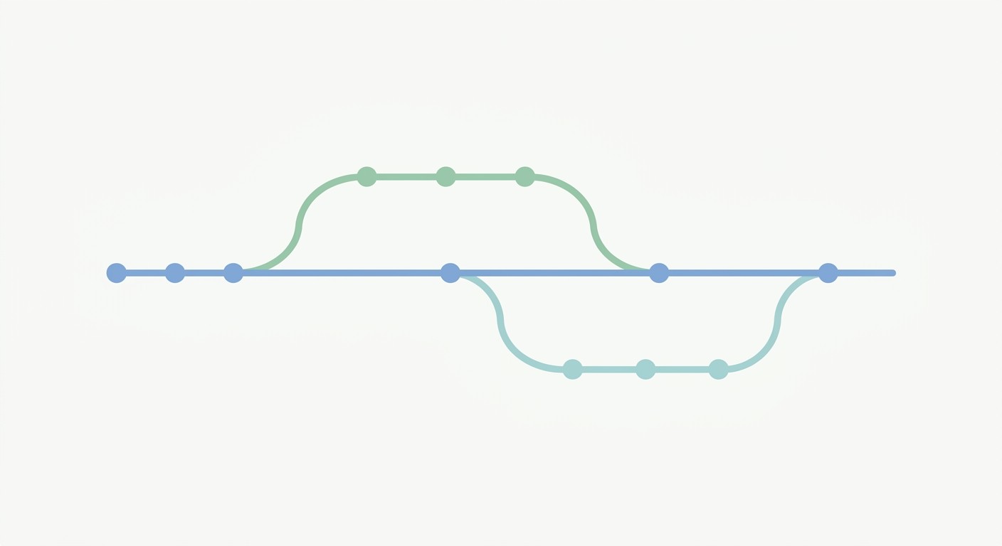 Git branch diagram with feature branches splitting from the main line and merging back