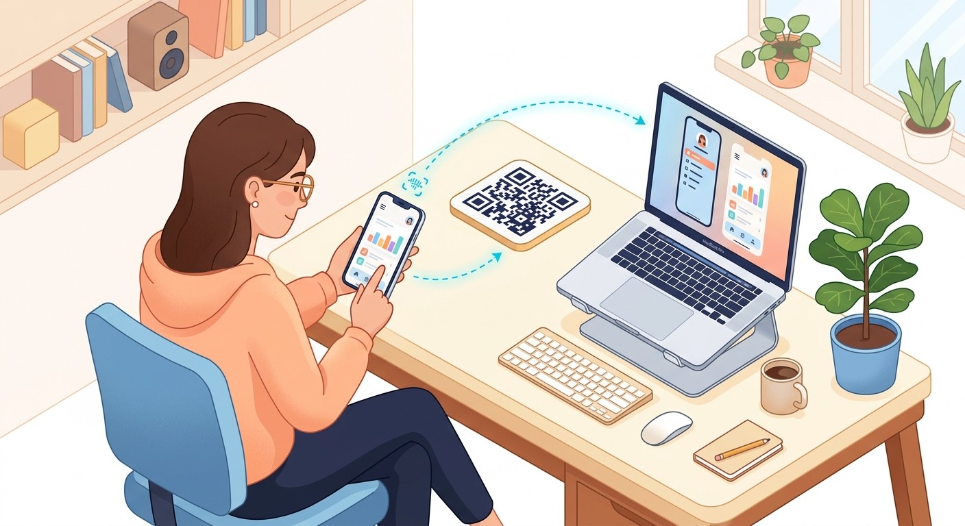 Developer testing a mobile app on an iPhone using a QR code, with the same app showing on a laptop screen behind. Live preview while building an app with AI.