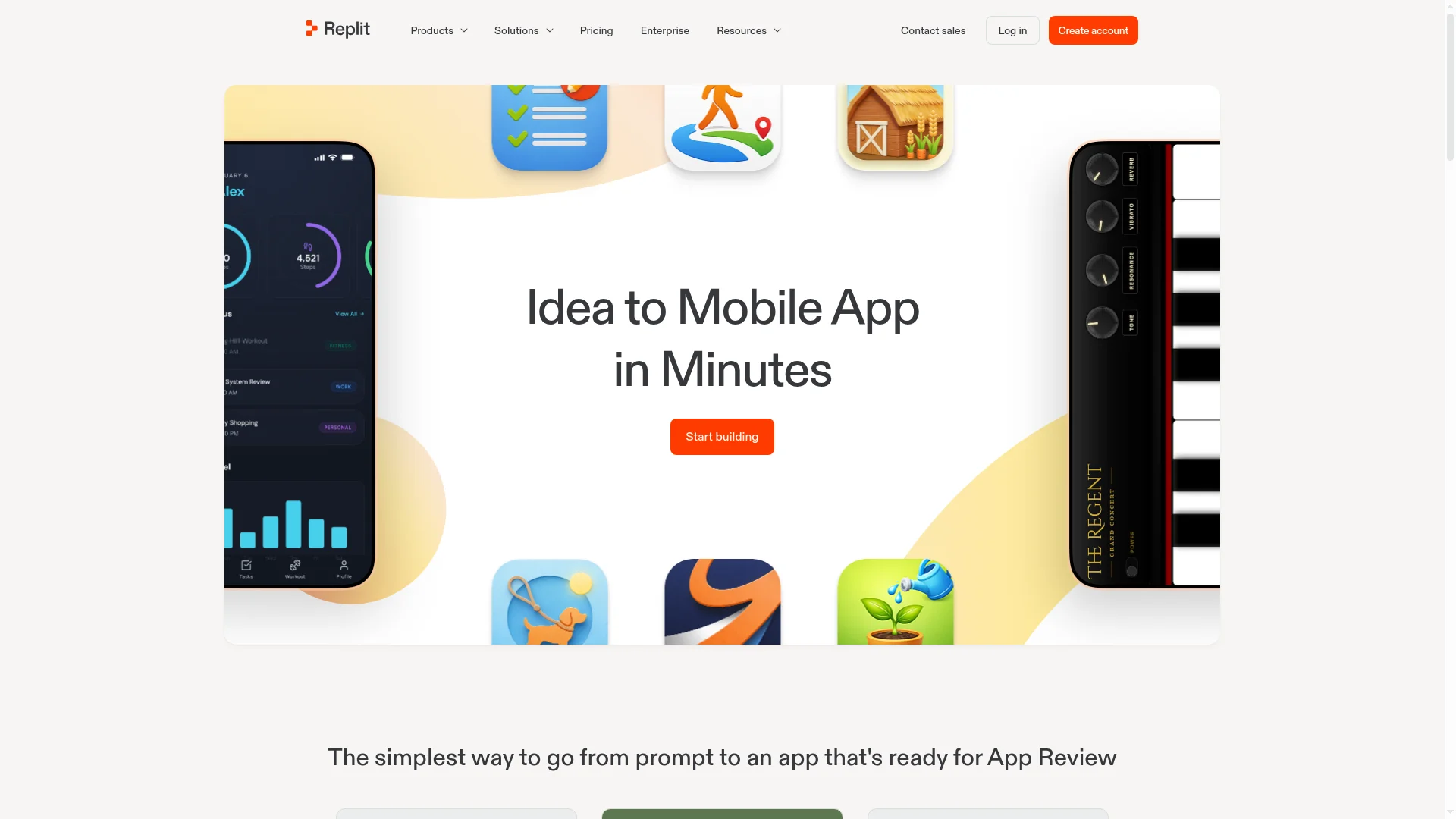 Replit mobile apps page saying Replit goes from prompt to an app that's ready for App Review