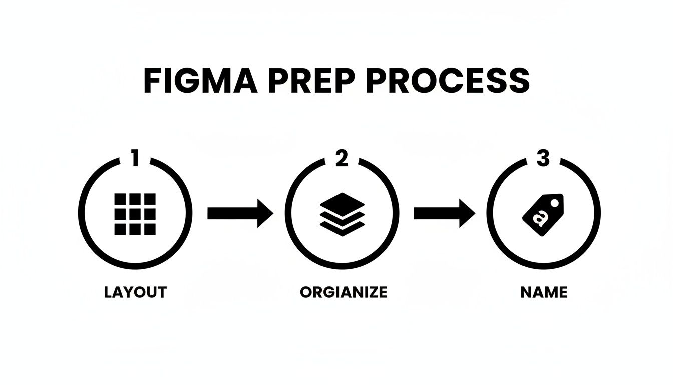 A three-step Figma prep process flowchart showing layout, organize, and name stages.