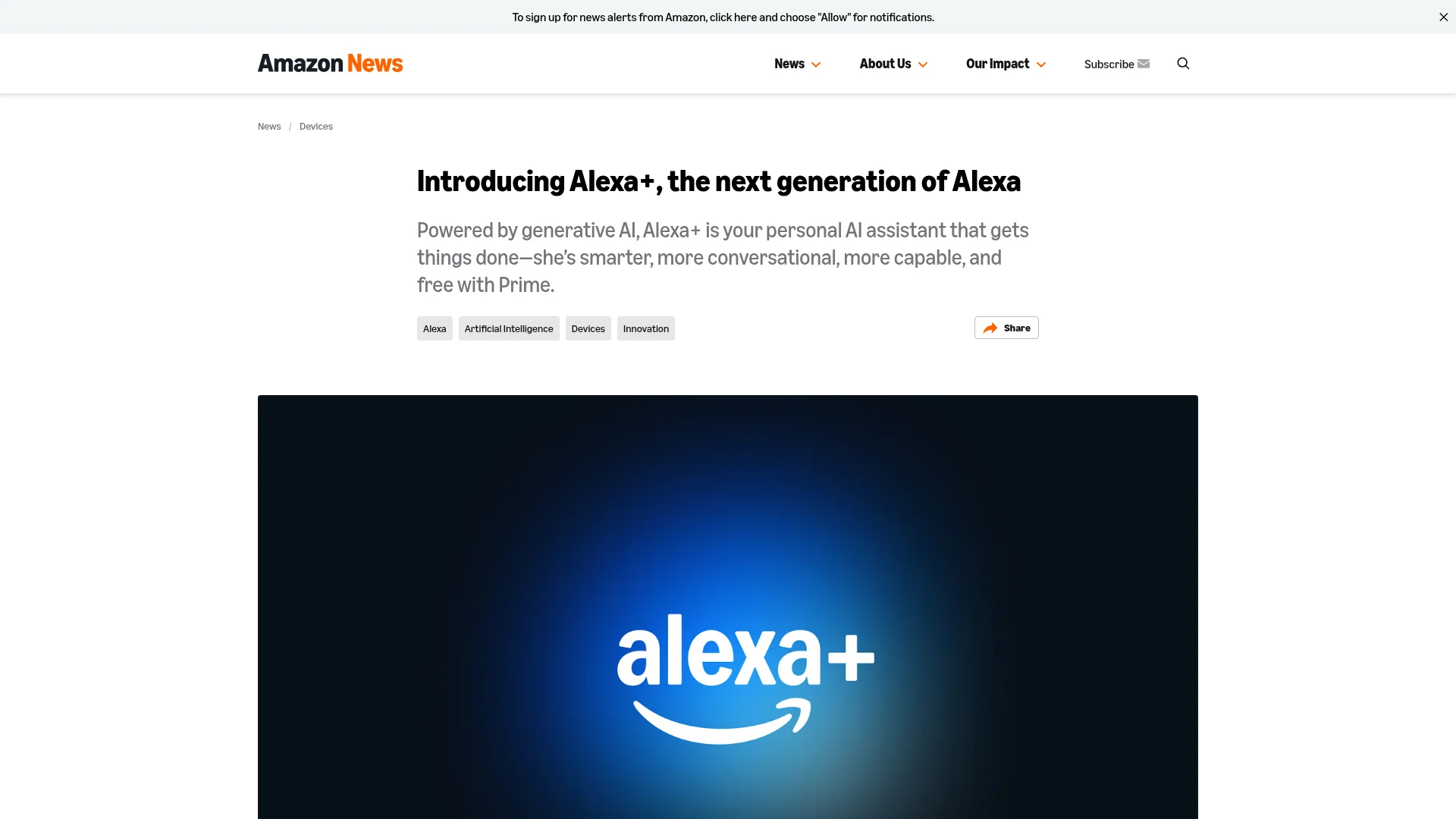 Amazon news page introducing Alexa+, Amazon's personal AI assistant