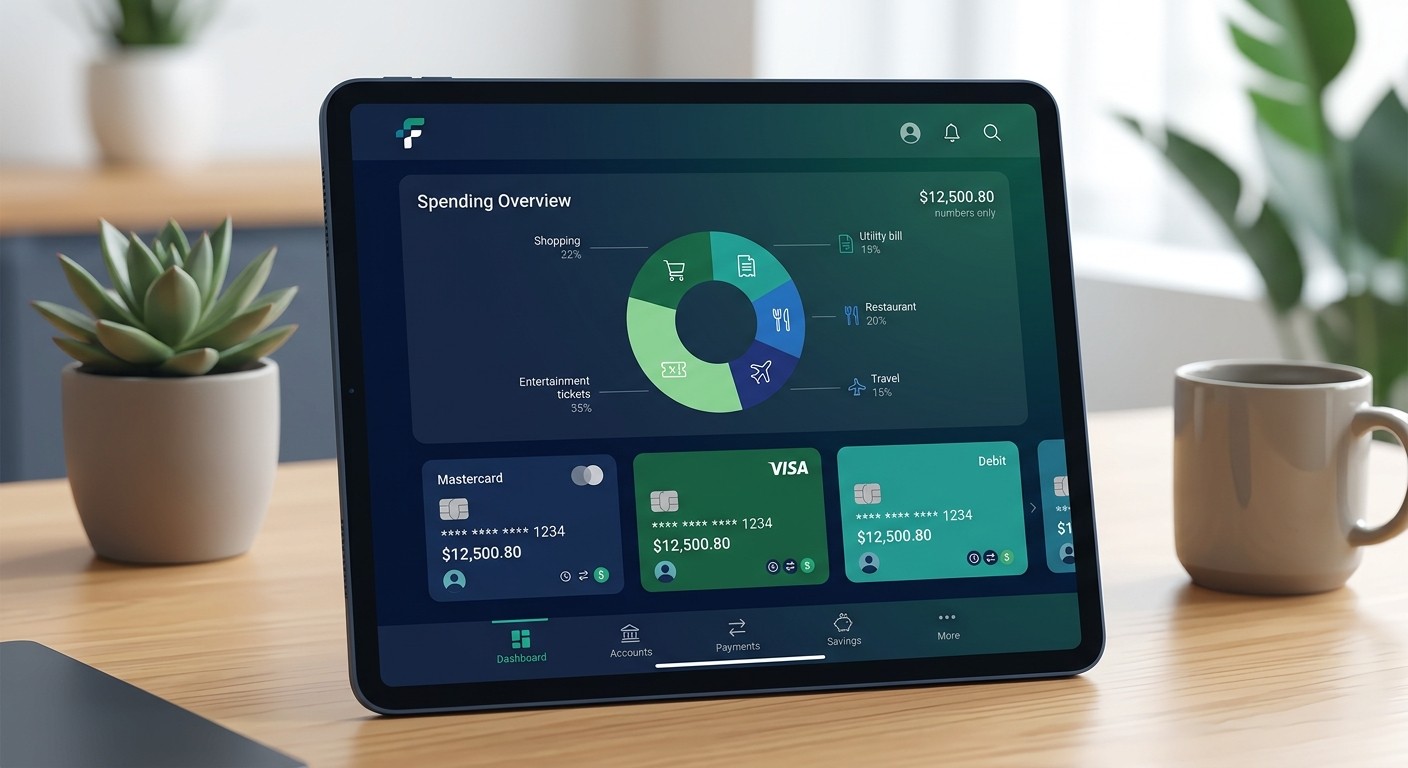 Fintech app dashboard showing spending charts, budget tracking, and connected bank accounts