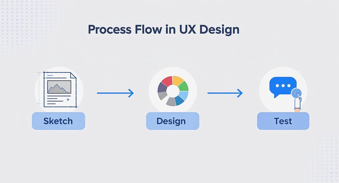 Mobile app development cycle showing design, build, test, and improve for beginners