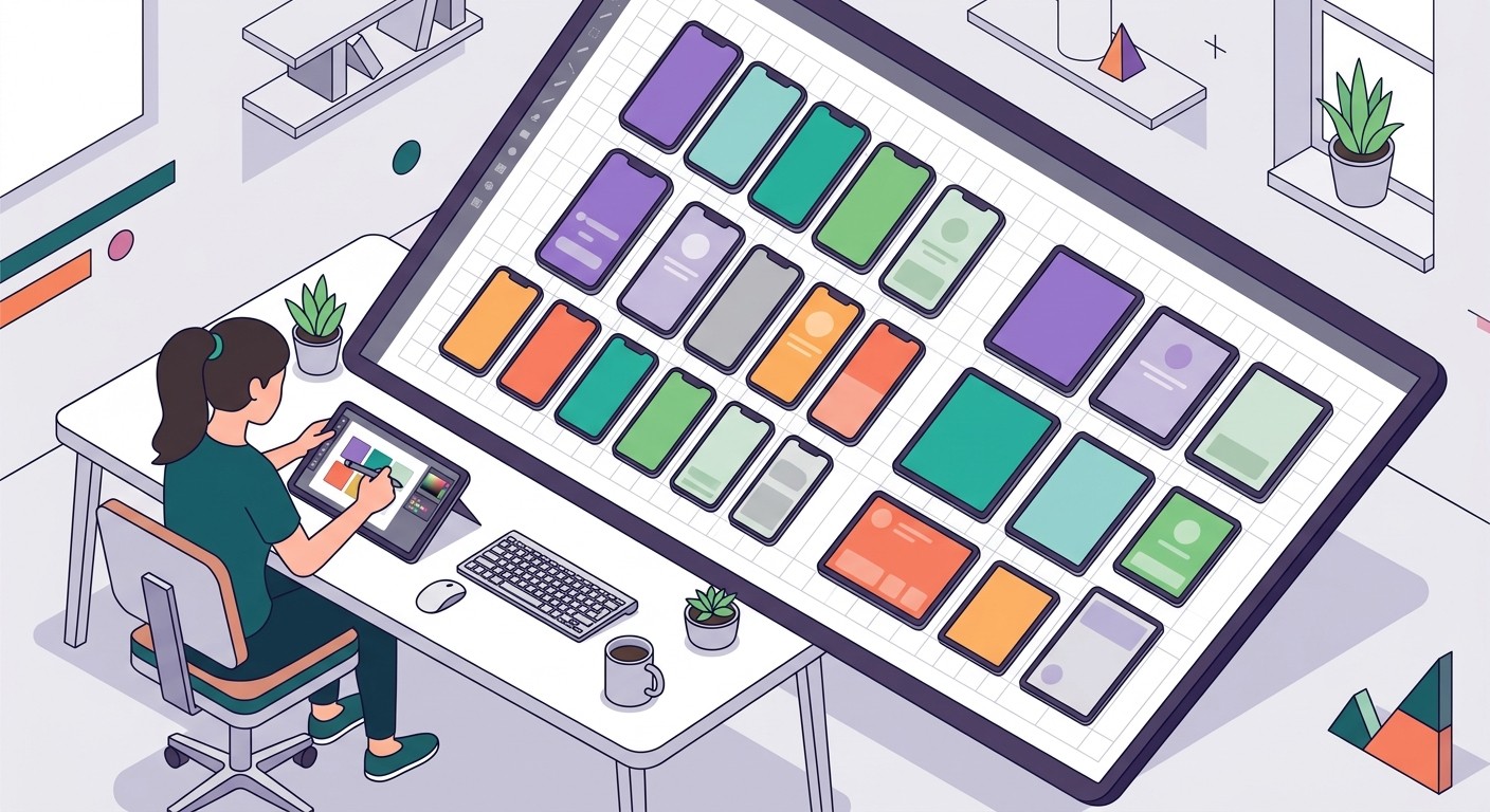 Isometric illustration of a designer arranging app store screenshot frames on a grid