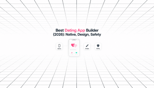 Best dating app builder graphic featuring a mobile dating interface with Native, Design, and Safety features on a minimalist grid background.