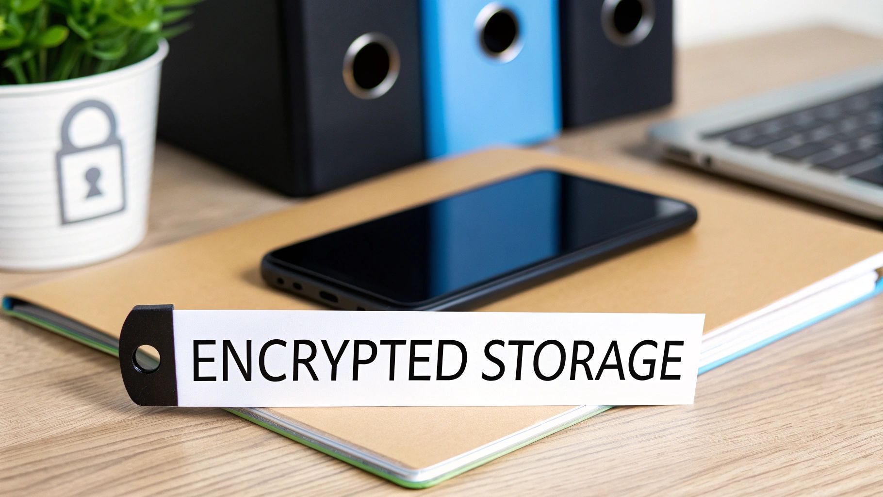 Desk with smartphone, notebook, and folders next to a sign reading encrypted storage