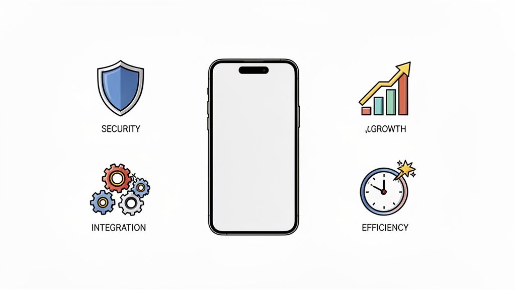 A smartphone surrounded by icons representing security, integration, growth, and efficiency.