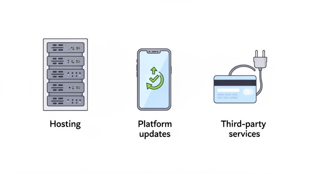 Three icons representing hosting, platform updates, and third-party service fees as components of app maintenance costs