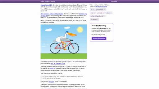 Simon Willison's blog post on Claude Sonnet 5.5 showing its SVG of a pelican riding a red bicycle, generated at xhigh effort