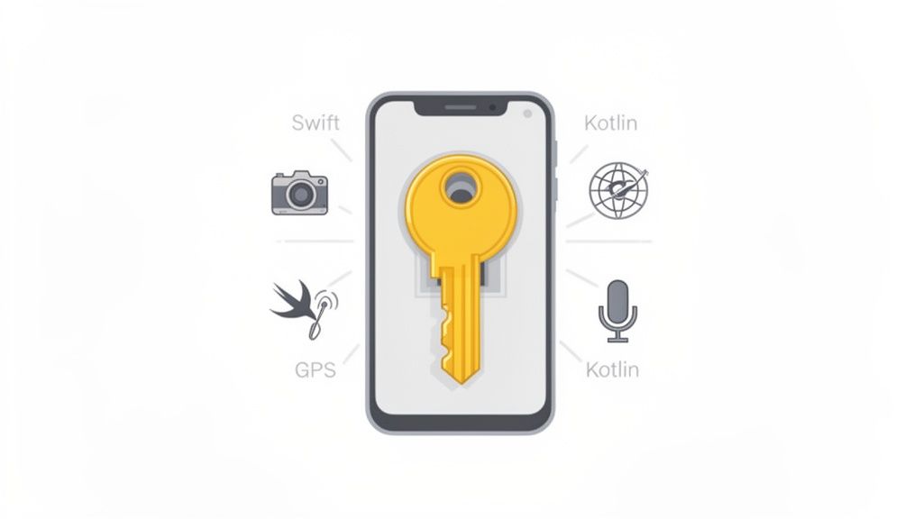 A smartphone with a golden key, surrounded by icons like camera, GPS, globe, and microphone, linked to Swift and Kotlin.