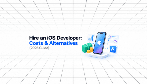 Hire an iOS Developer: Costs & Alternatives (2026 Guide), with an iPhone, cash, coins, coding, analytics, and App Store graphics.