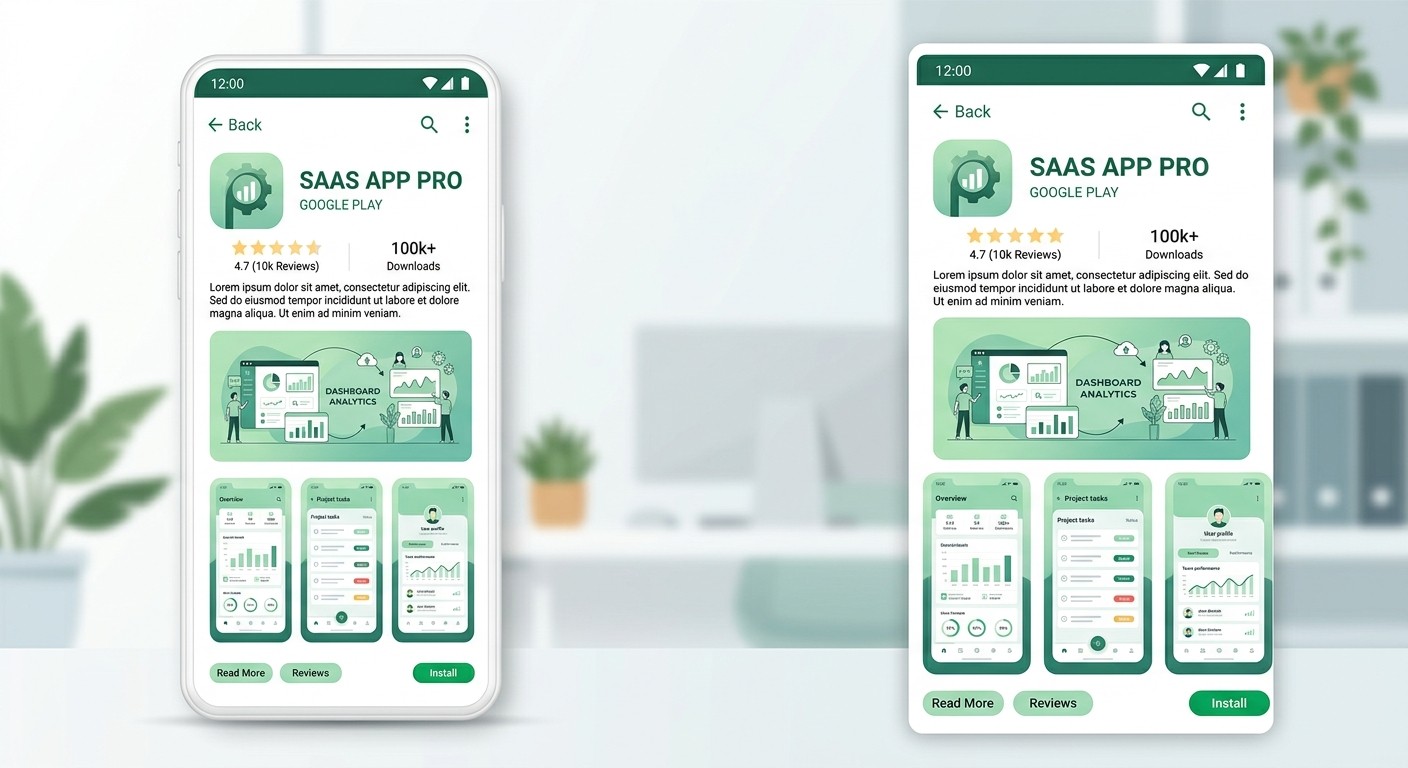Flat illustration of a Google Play Store app listing layout showing app icon, title, rating, description, feature graphic, and screenshot previews.