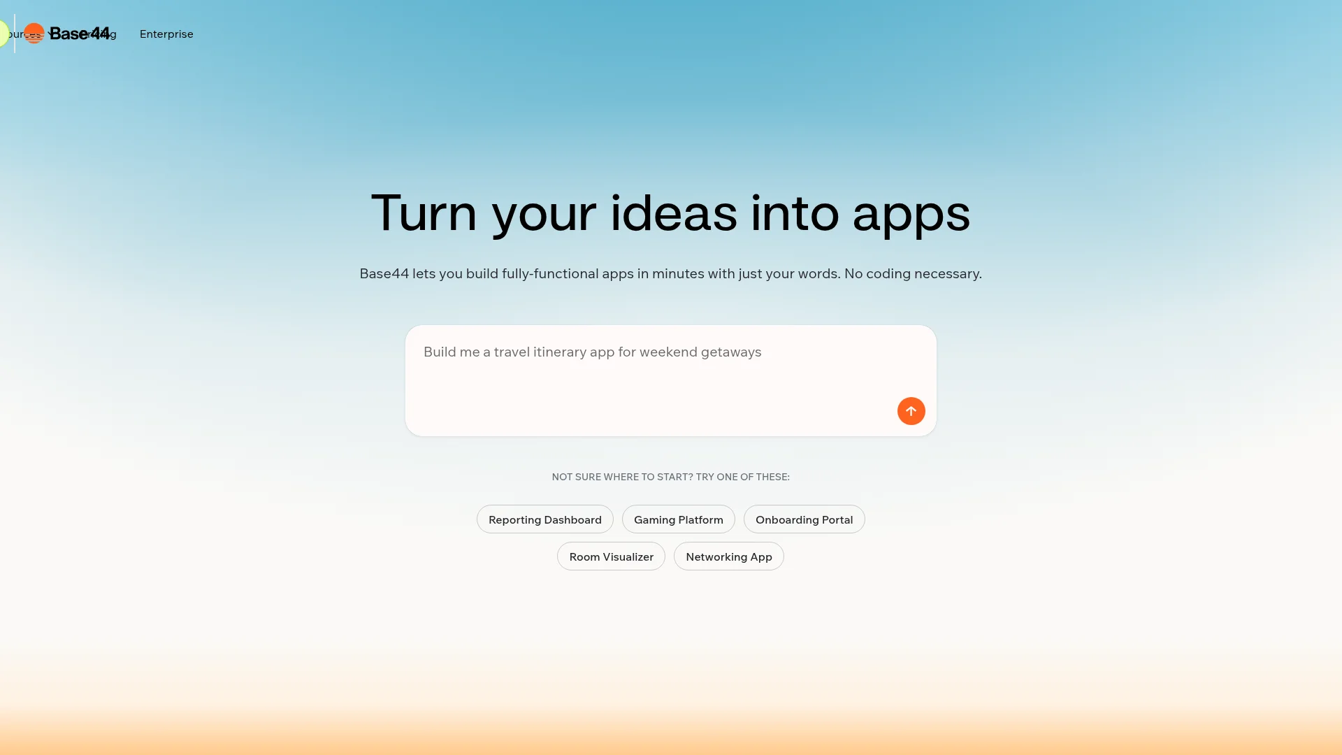 Base44 AI app builder interface showing the text-to-app prompt screen for generating full-stack web applications
