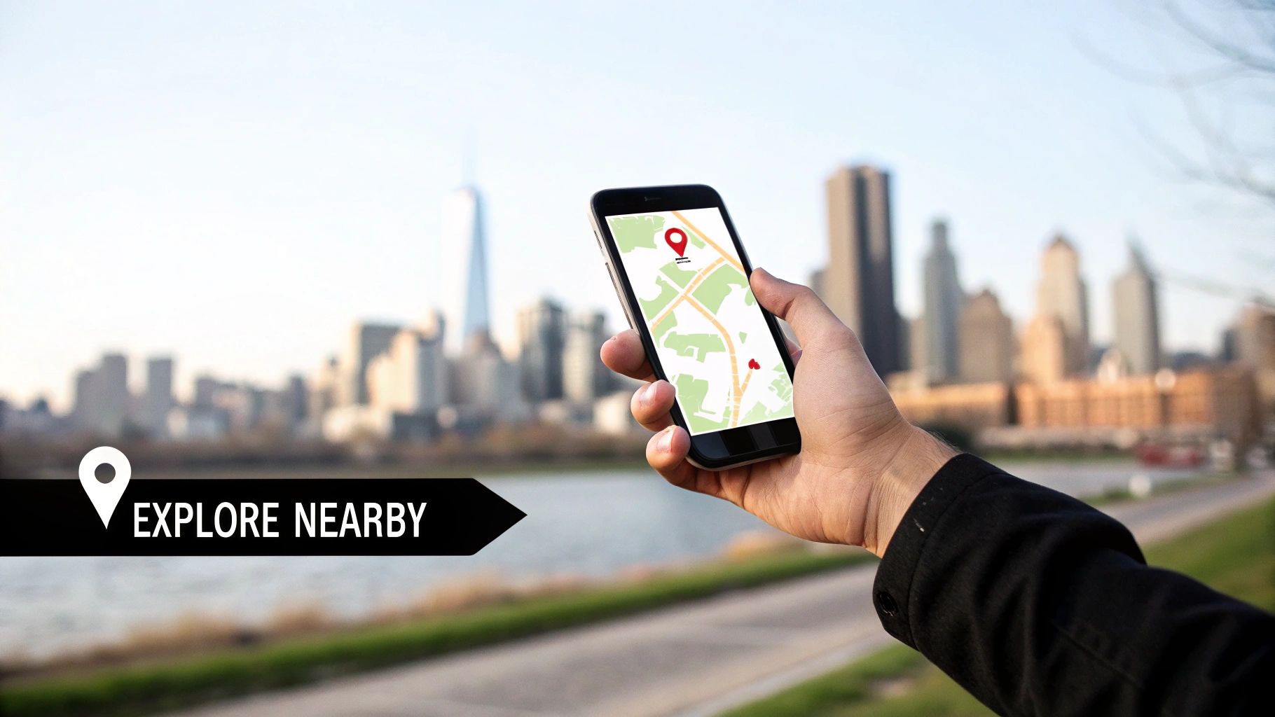 A hand holding a smartphone showing a navigation map with a city skyline in the background.