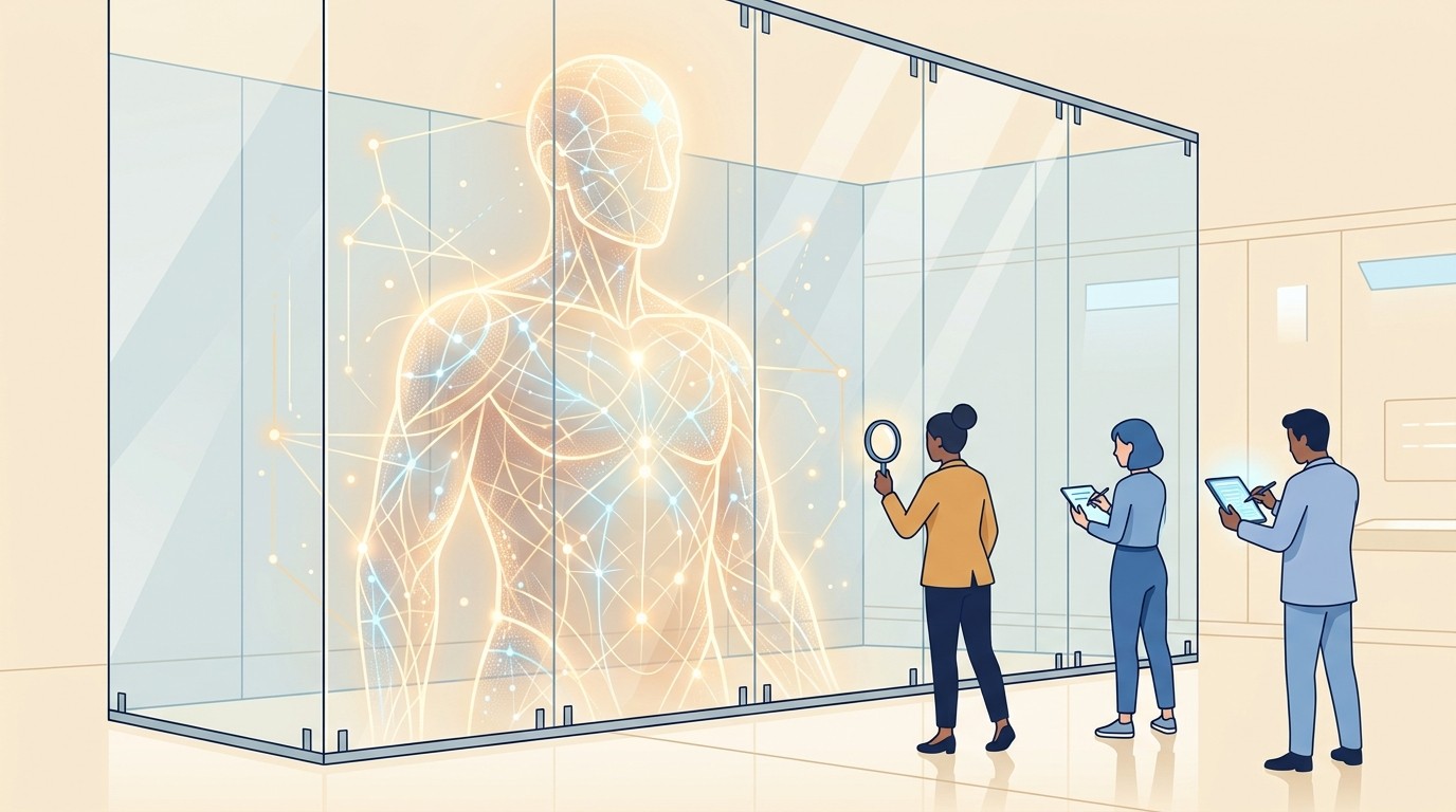 Illustration of researchers inspecting a glowing superintelligence behind a glass safety wall, representing AI alignment and control