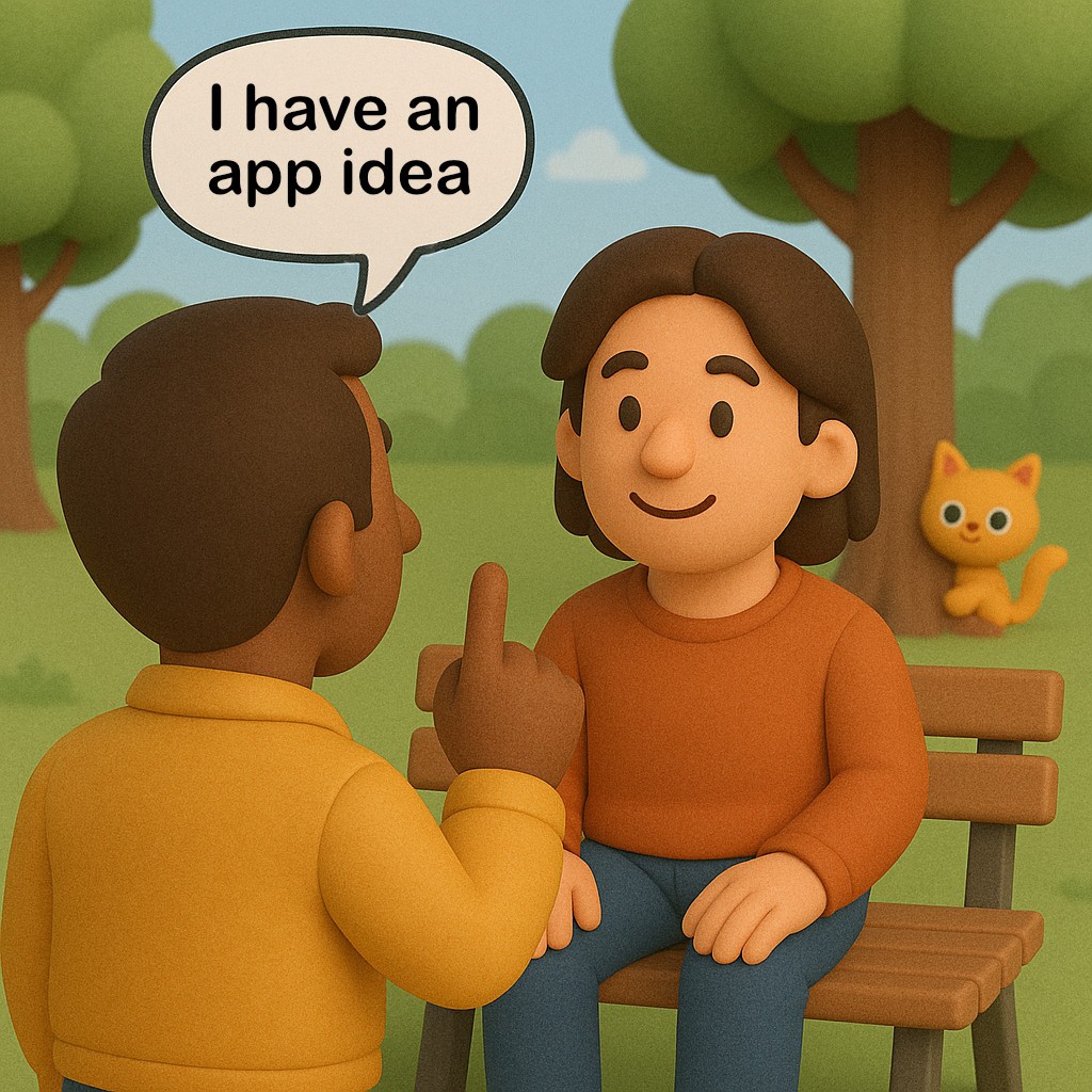 A clay-style illustration of two people sitting on a bench in a park. One person is raising a finger and saying 'I have an app idea' in a speech bubble. A small orange cat is seen in the background near a tree.