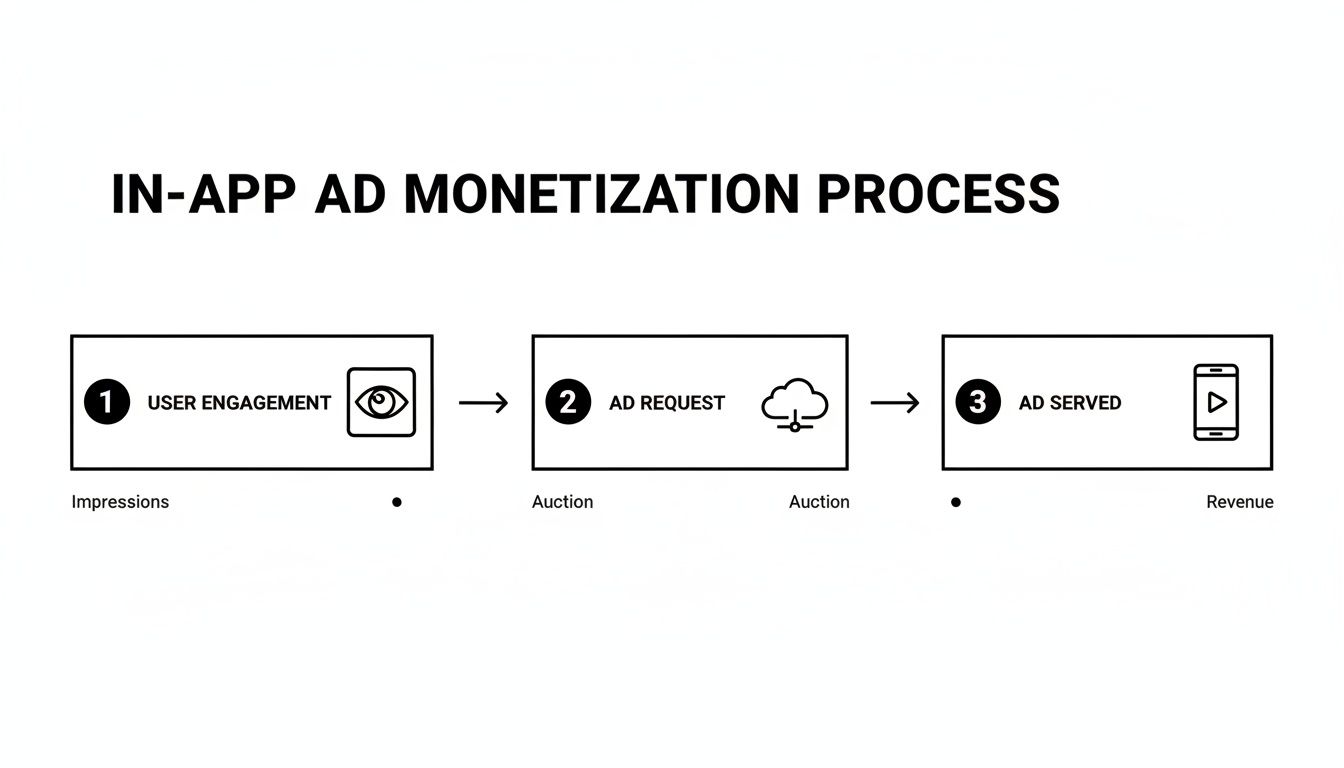 Diagram of the in-app ad flow from user engagement to ad serving and revenue